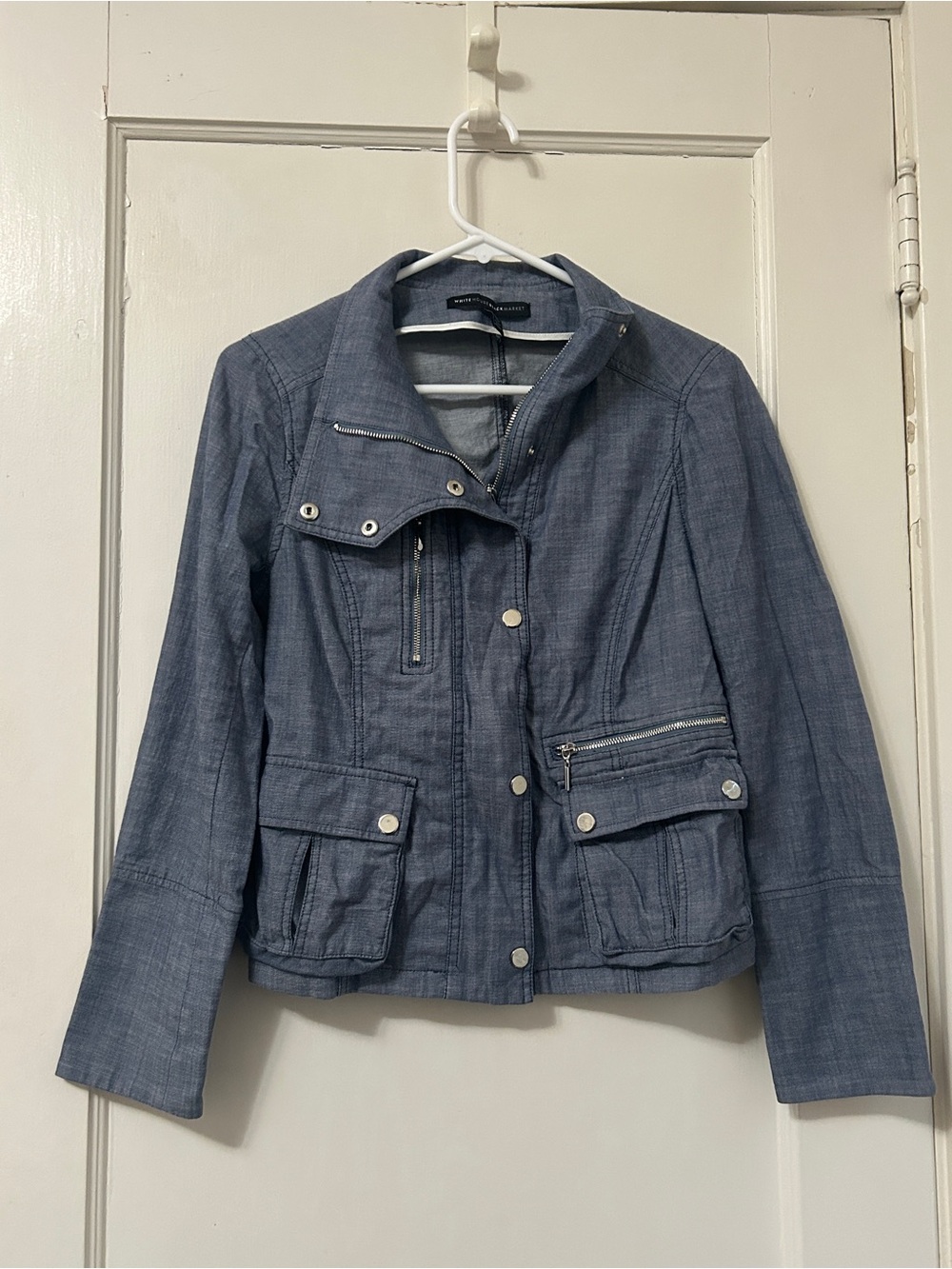 White House Black Market Blue Utility Jacket with Zip & Snap Details